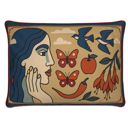 A rectangular luxury velvet pillow/cushion in beige and blue