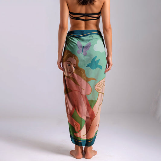 Woman wearing a colorful silk or chiffon pareo/sarong with artistic design on a plain background