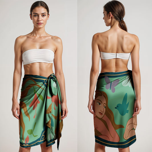 Woman wearing a strapless top and a green floral colorful silk or chiffon pareo/sarong with a character design on a plain background