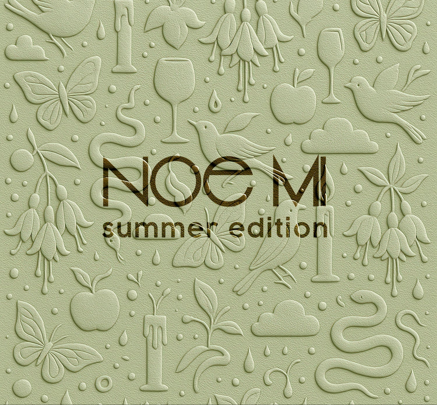 Decorative design with embossed illustrations and 'NOE MI summer edition' text on a light green background.