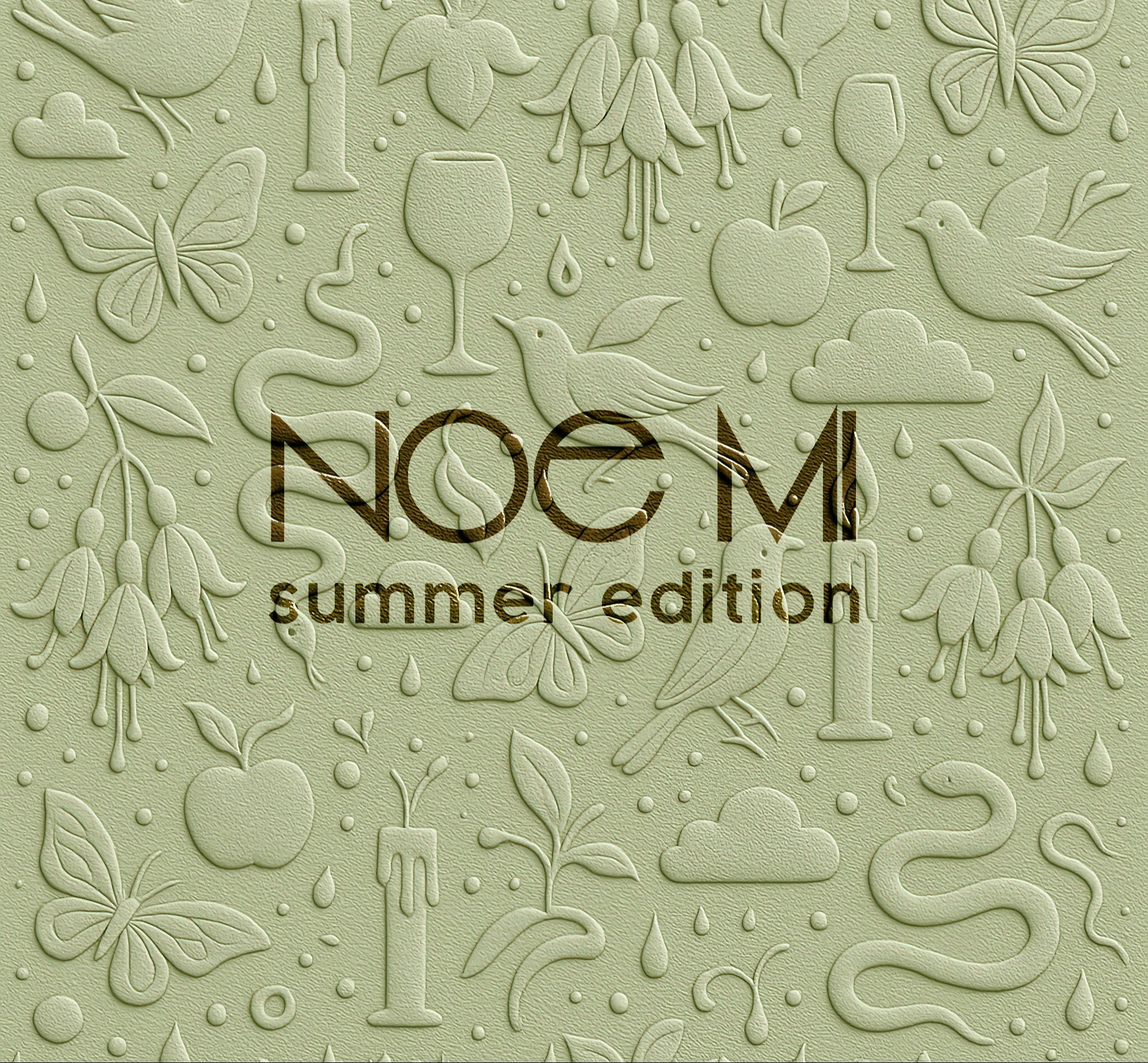 Decorative design with embossed illustrations and 'NOE MI summer edition' text on a light green background.
