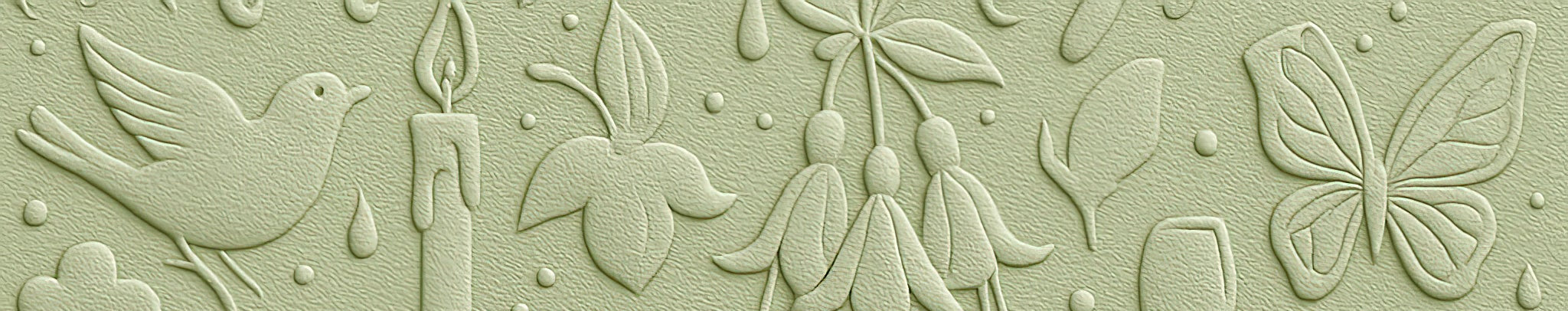 NOE MI Summer Edition - Decorative pattern with birds, candles, flowers, and butterflies on a light green background