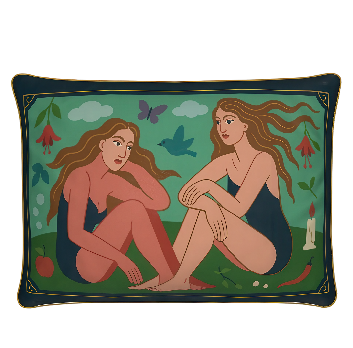 Decorative rectangular luxury velvet pillow/cushion  with artistic design of two women and nature elements on a green background.