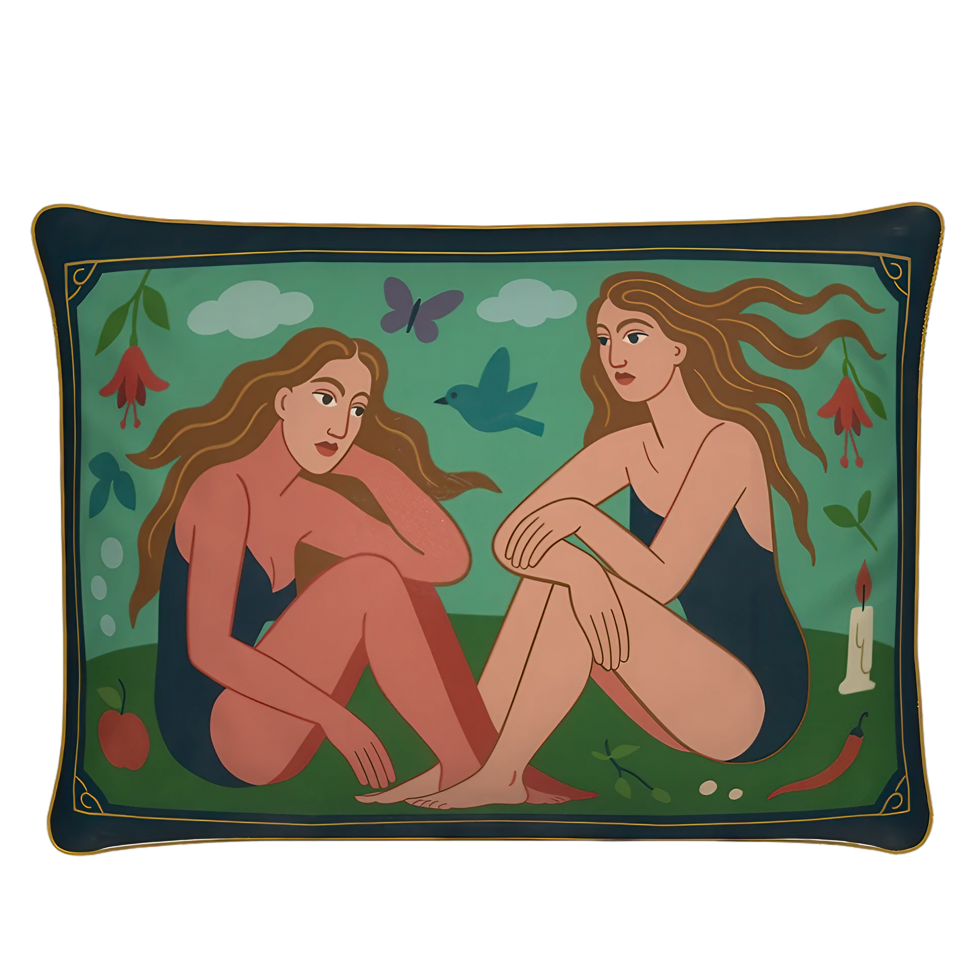 Decorative rectangular luxury velvet pillow/cushion  with artistic design of two women and nature elements on a green background.