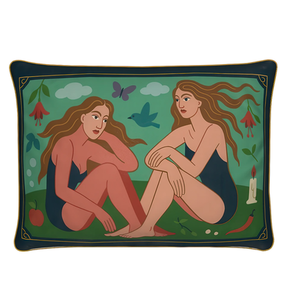 Decorative rectangular luxury velvet pillow/cushion  with artistic design of two women and nature elements on a green background.