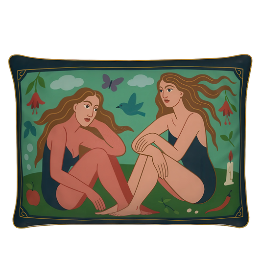 Decorative rectangular luxury velvet pillow/cushion  with artistic design of two women and nature elements on a green background.