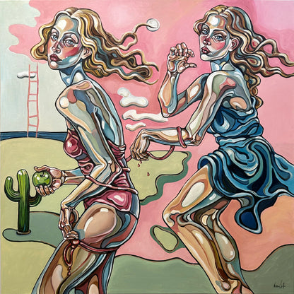 Noemi Safir The Apple, the Ladder, and the Illusion original acrylic painting on canvas, a highly collectible contemporary figurative artwork about women, desire, temptation, symbolic storytelling, and beauty with meaning.