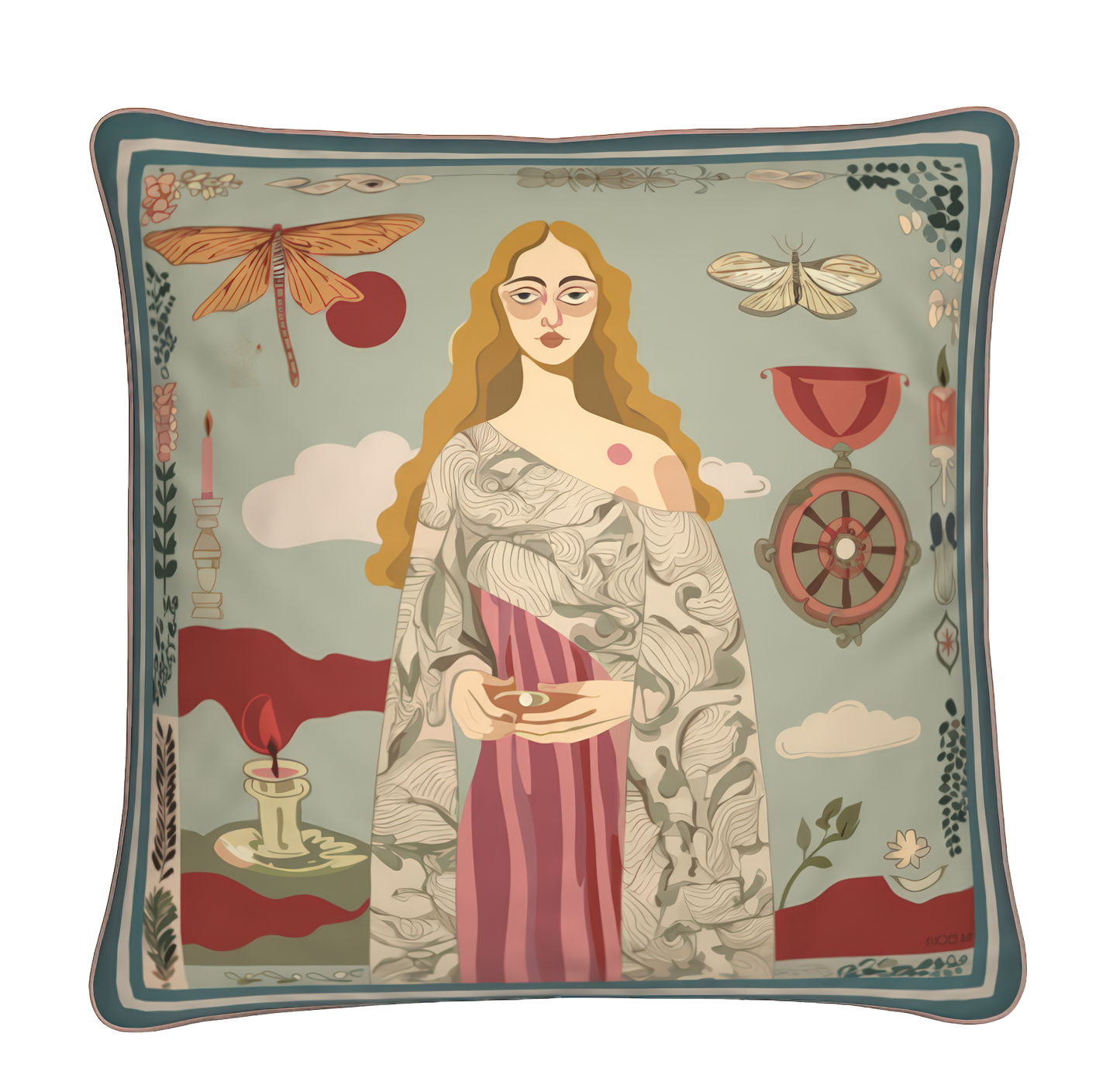 This luxury square cushion by NOE MI features a full artistic tableau, capturing a surreal scene in rich, layered colors, ideal for stylish homes