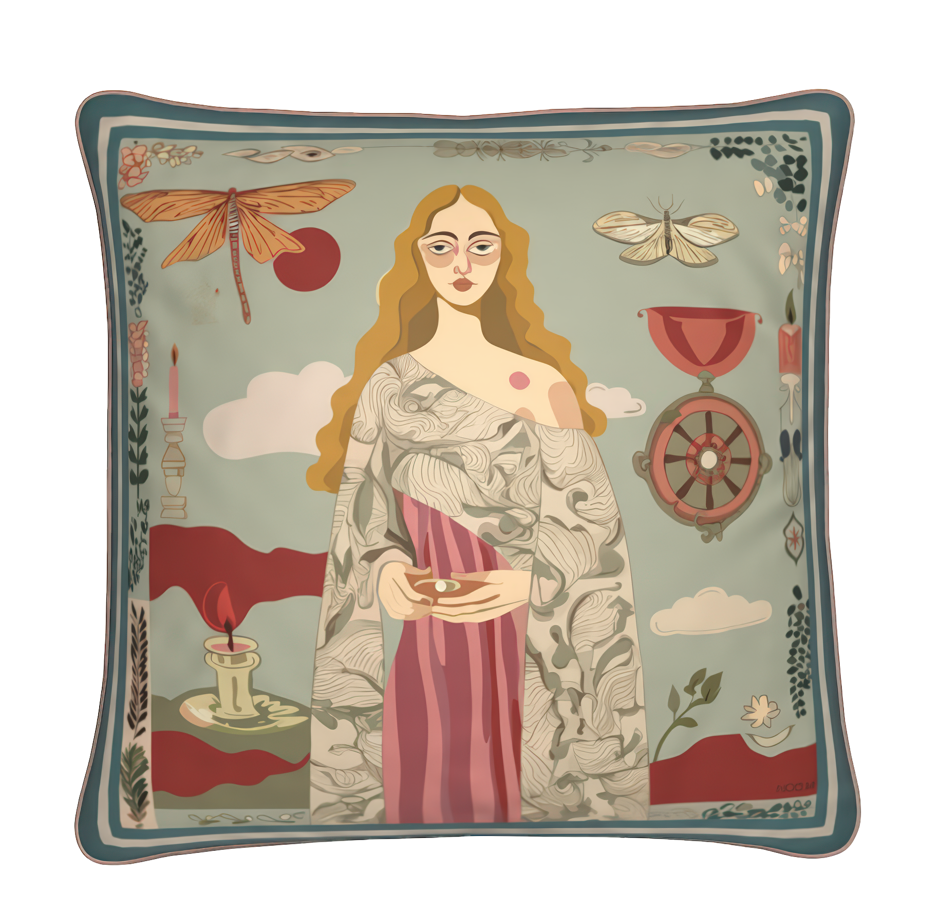 This luxury square cushion by NOE MI features a full artistic tableau, capturing a surreal scene in rich, layered colors, ideal for stylish homes
