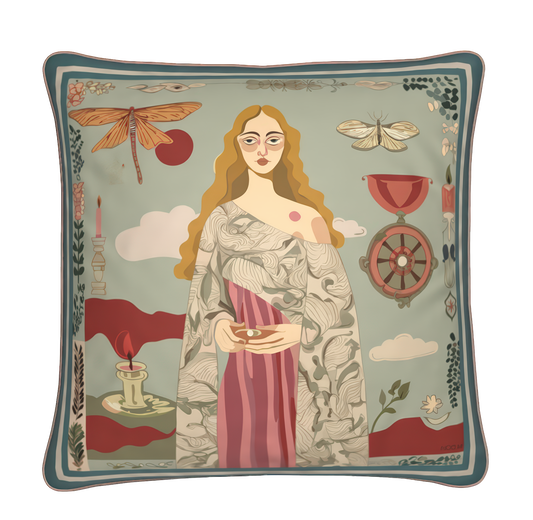 This luxury square cushion by NOE MI features a full artistic tableau, capturing a surreal scene in rich, layered colors, ideal for stylish homes