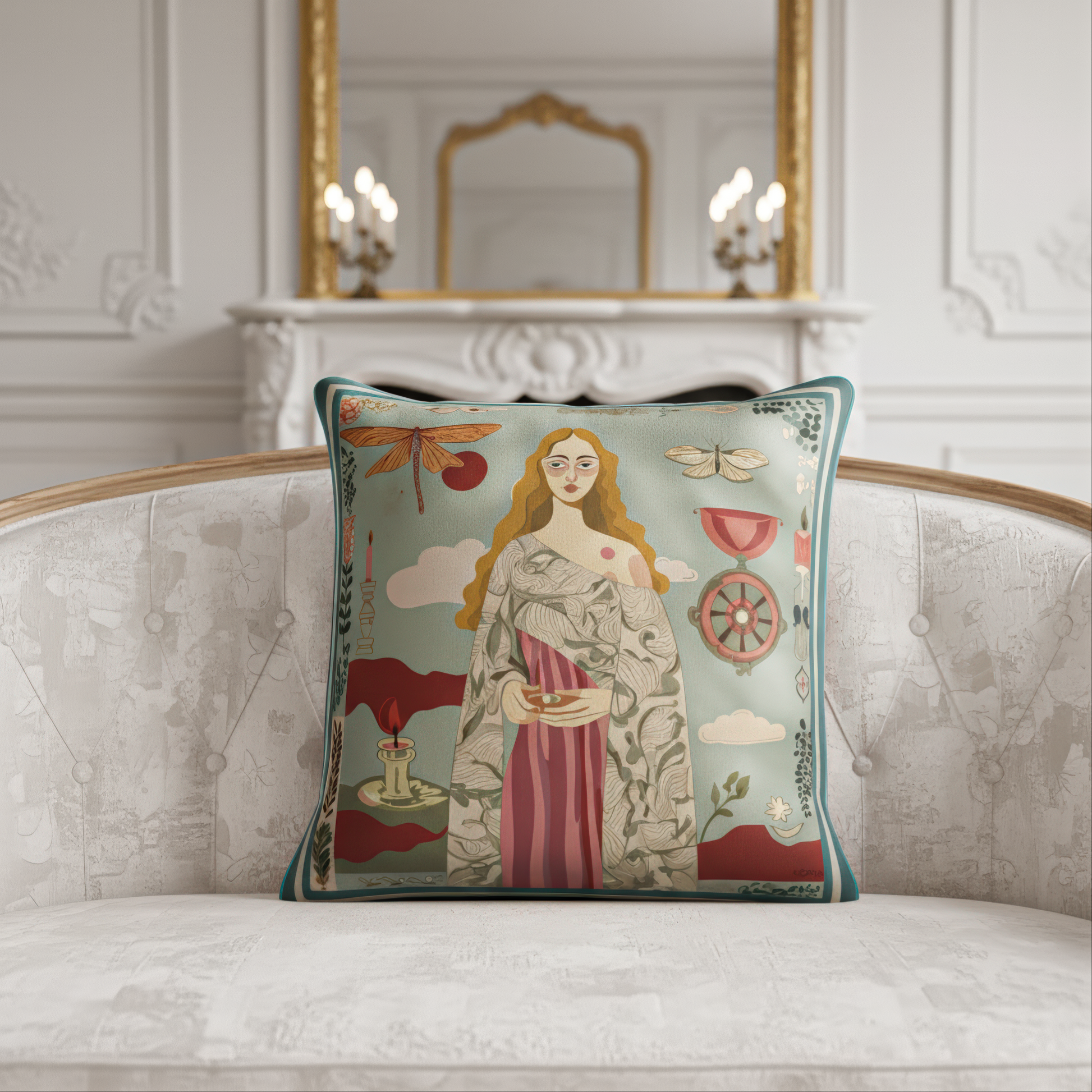Decorative square art velvet pillow/ cushion by NOE MI with a woman's portrait and nature elements on a sofa.