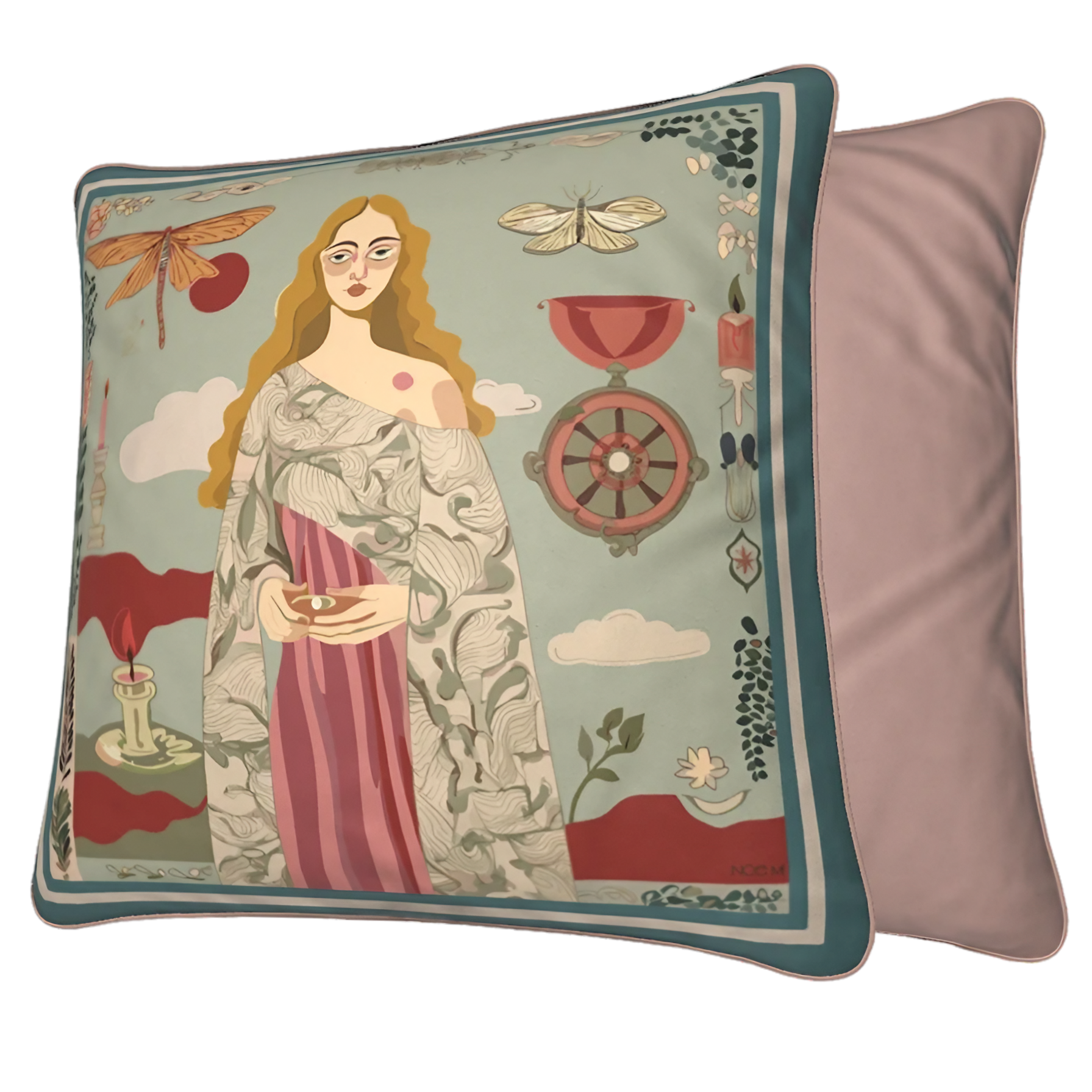 Elegant velvet cushion by NOE MI, premium pillow with artistic storytelling, global decorative home piece.