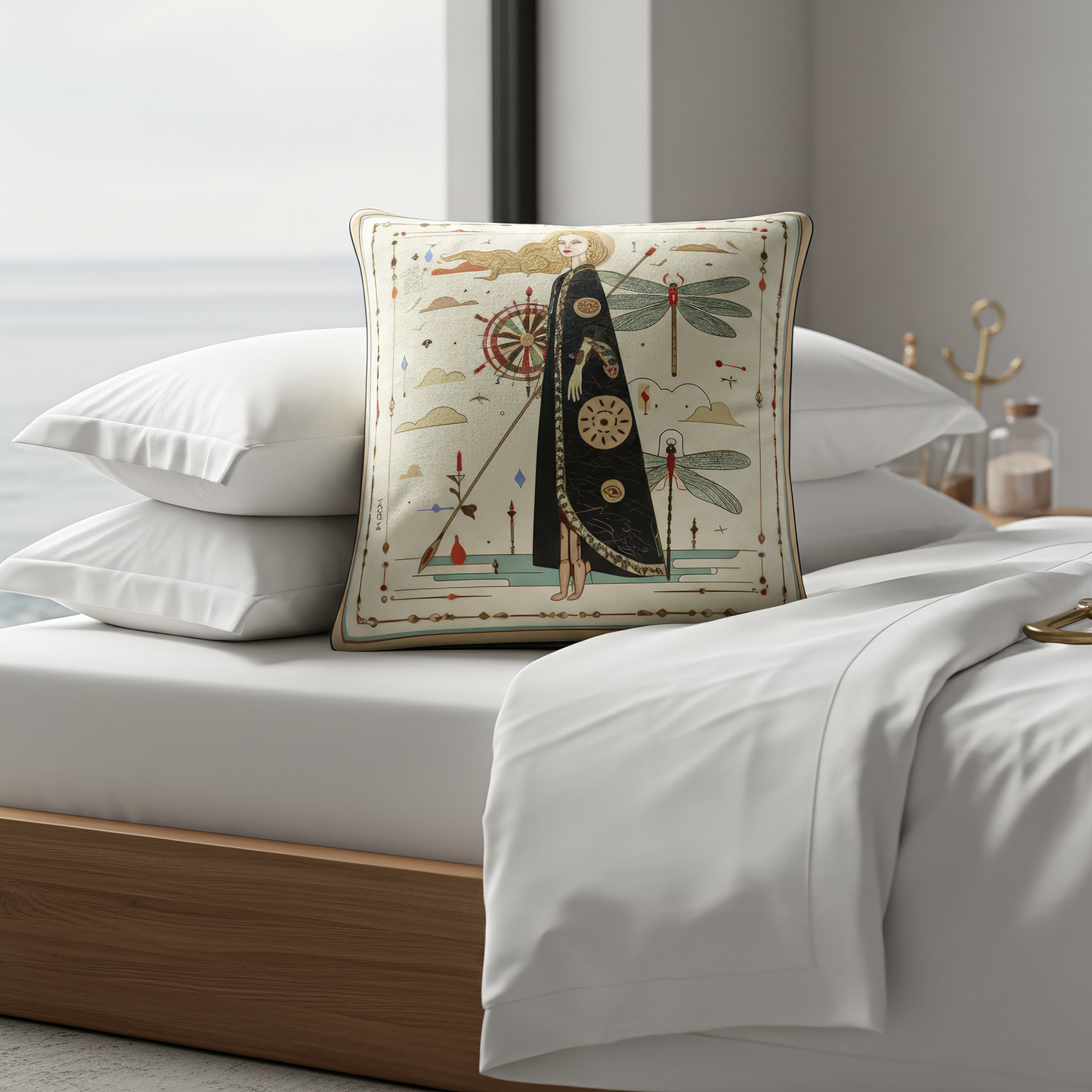 a luxurious artistic cushion printed  with a woman in a long coat and dragonfly design on a beige background by NOE MI
