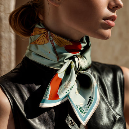 Woman wearing a colorful luxury art silk twill scarf by NOE MI with butterfly design on a neutral background