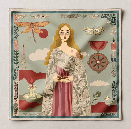 A luxury art silk twill scarf by NOE MI of a woman with decorative elements on a light gray background