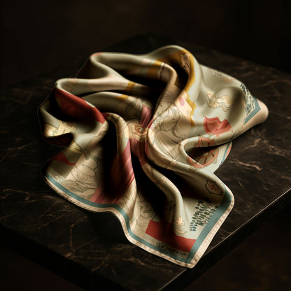 Folded decorative luxury art silk twill scarf by NOE MI with intricate patterns on a dark surface