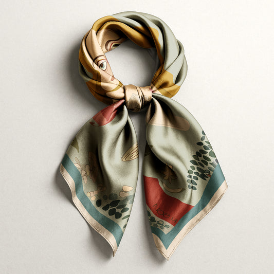 Decorative luxury art silk twill scarf by NOE MI with a floral pattern on a light background