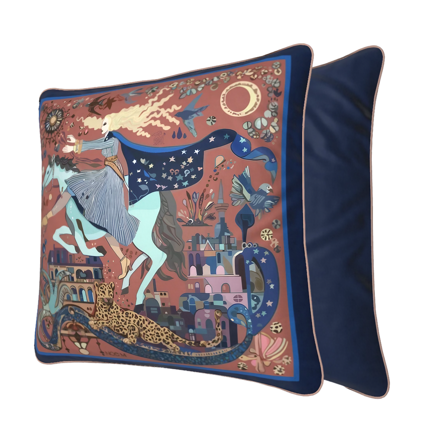 NOE MI luxury square cushion The Blue Rider crafted in Archway brushed twill or velvet shimmer with full edge piping and bold equestrian cosmic artwork for statement home styling.