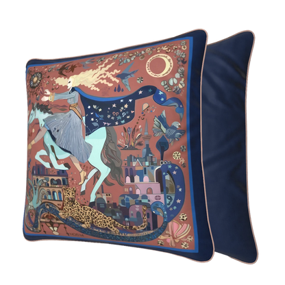 NOE MI luxury square cushion The Blue Rider crafted in Archway brushed twill or velvet shimmer with full edge piping and bold equestrian cosmic artwork for statement home styling.