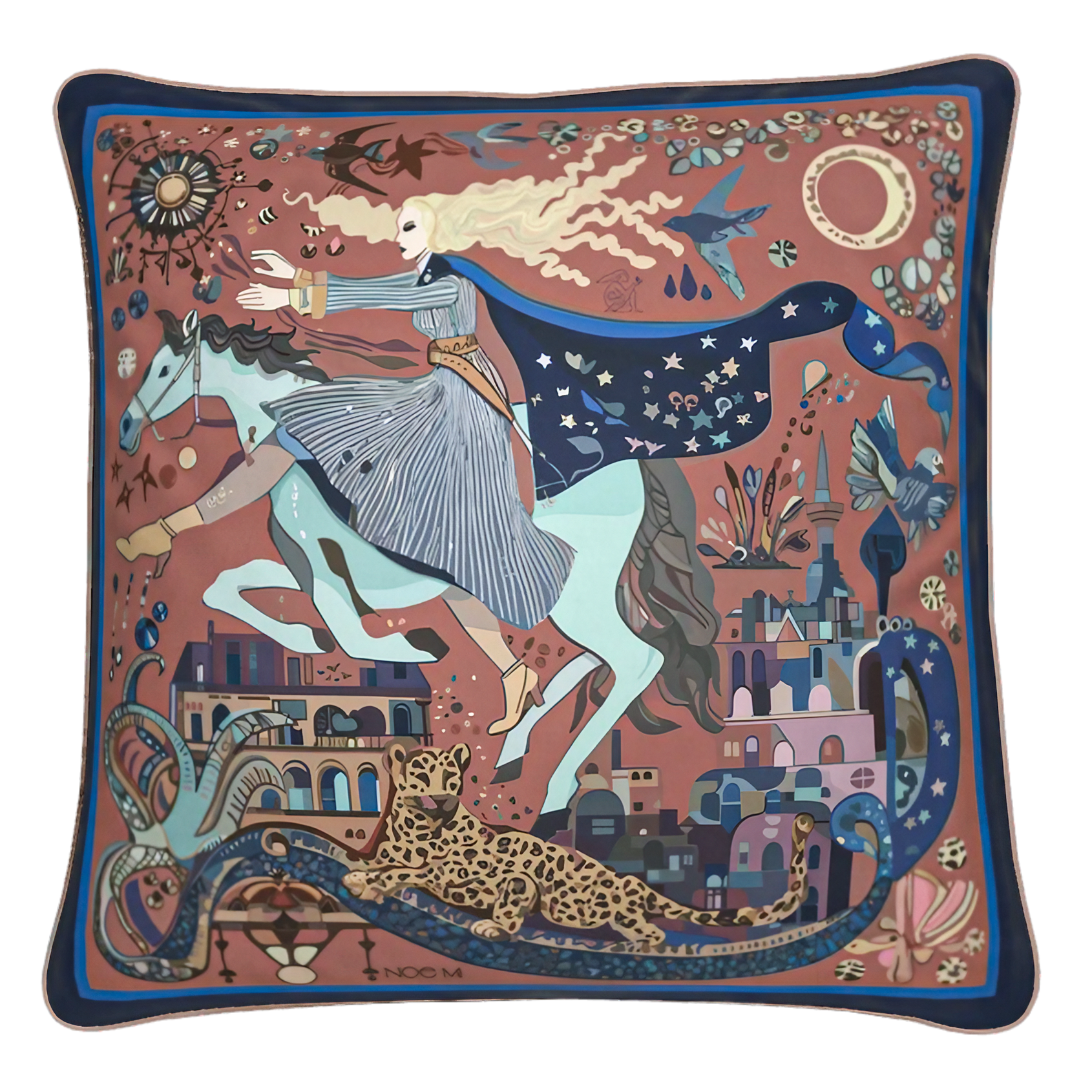 The Blue Rider square cushion by NOE MI in velvet shimmer with soft touch finish or in soft brushed twill featuring celestial rider design in terracotta, sapphire blue, and turquoise tones for luxury interiors.