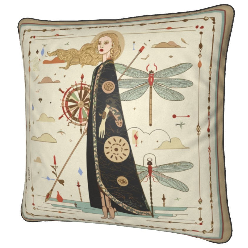 Decorative pillow with artistic design of a woman, dragonflies, and decorative elements on a beige background. designed by NOE MI