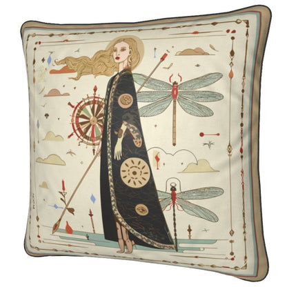 Decorative pillow with artistic design of a woman, dragonflies, and decorative elements on a beige background. designed by NOE MI