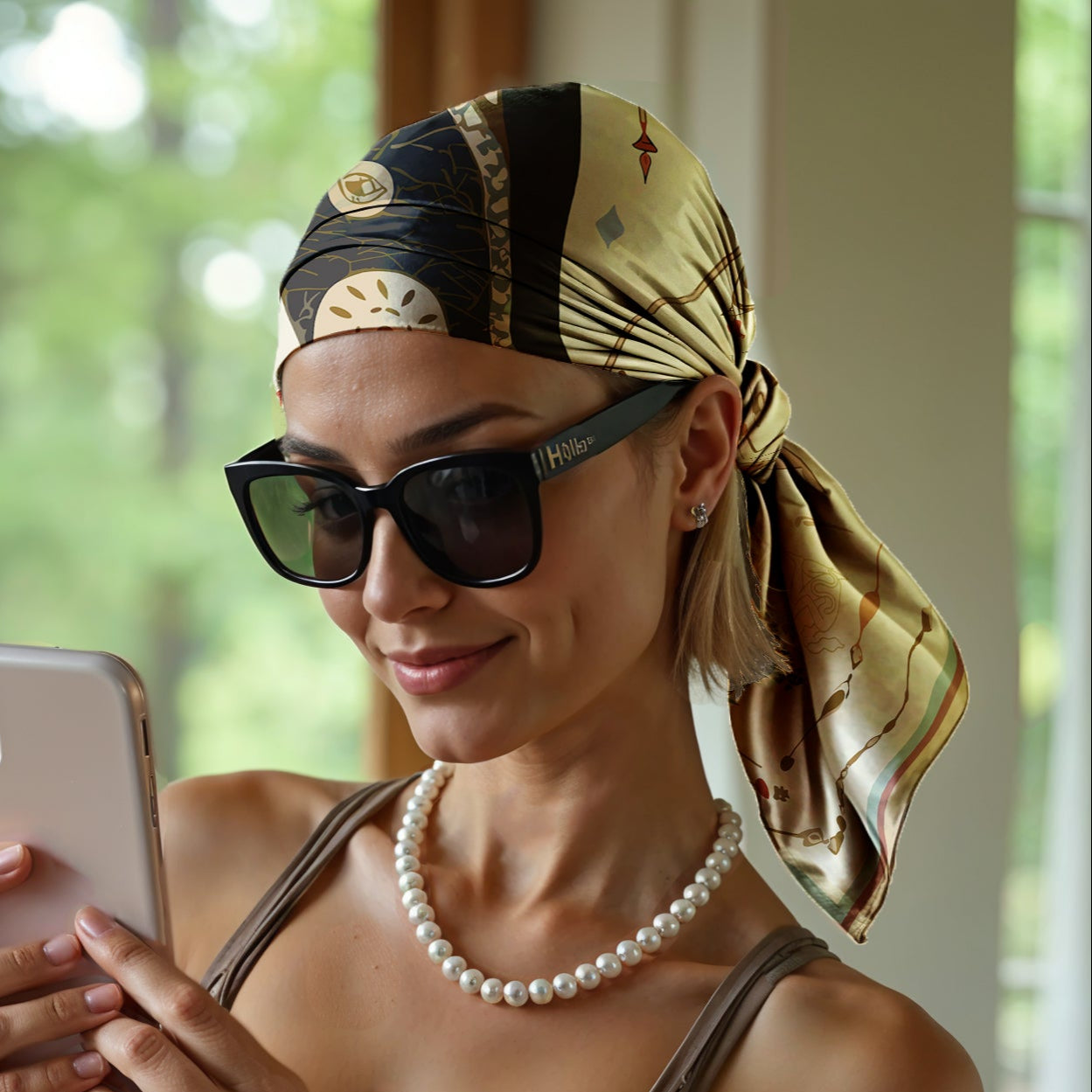 Woman wearing a luxurious designer silk headscarf by NOE MI