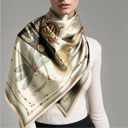Woman wearing a decorative silk scarf with nature-themed artistic design by NOE MI