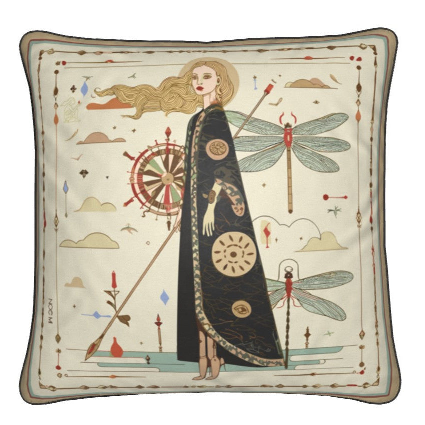 Decorative pillow with a woman in a long coat and dragonfly design on a beige background by NOE MI