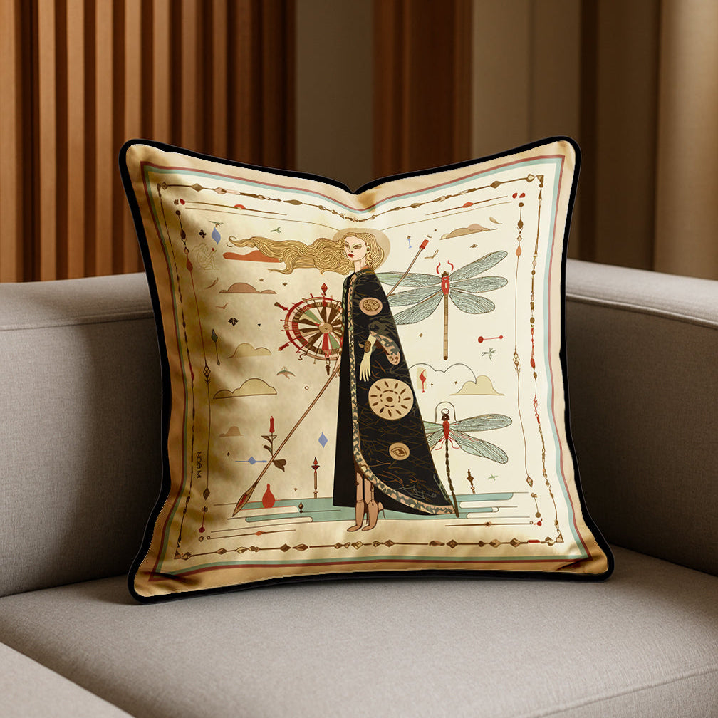 Decorative designer cushion with artistic design by NOE MI on a couch
