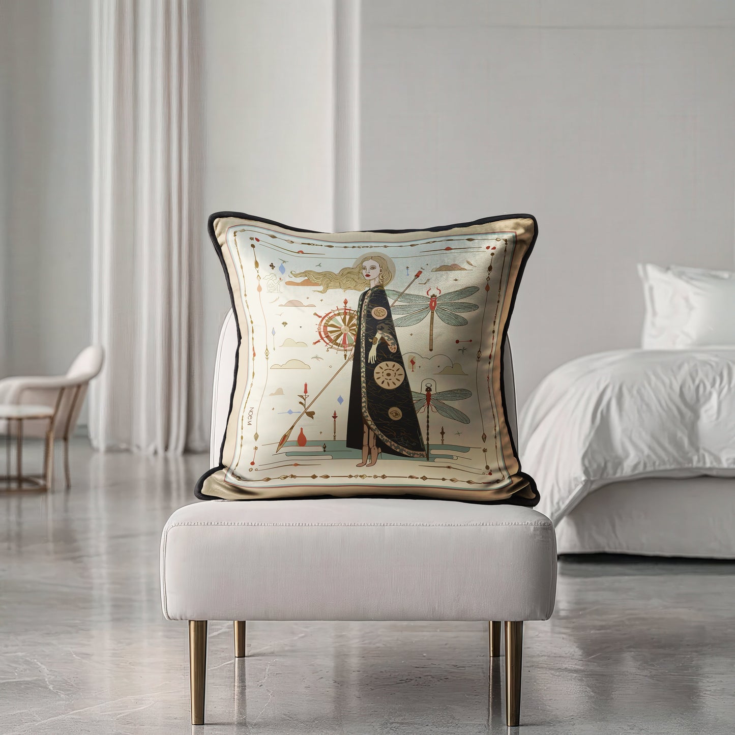 an art-inspired velvet shimmer square cushion that brings both comfort and visual storytelling to your space,  a statement luxurious pillow by NOE MI