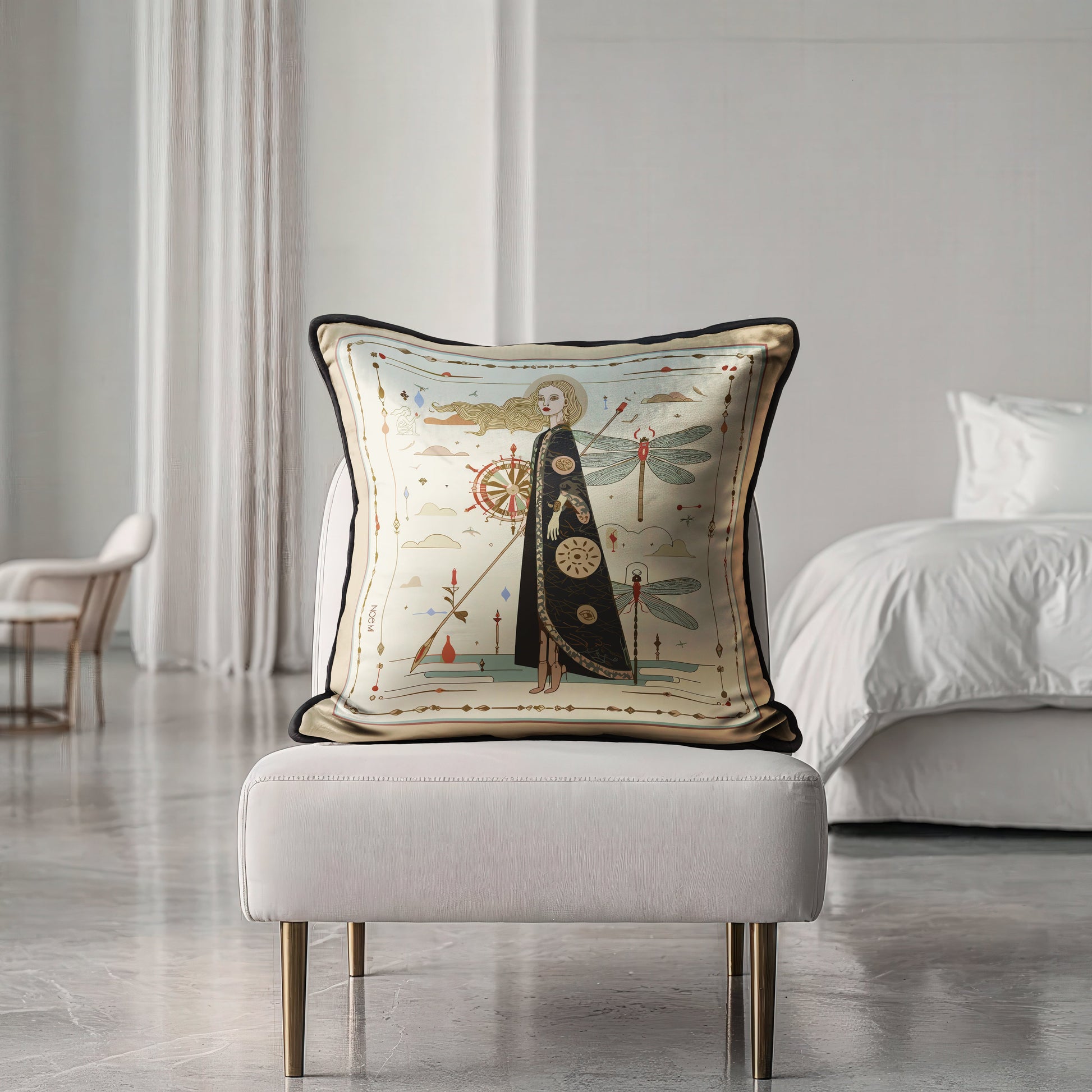 an art-inspired velvet shimmer square cushion that brings both comfort and visual storytelling to your space,  a statement luxurious pillow by NOE MI