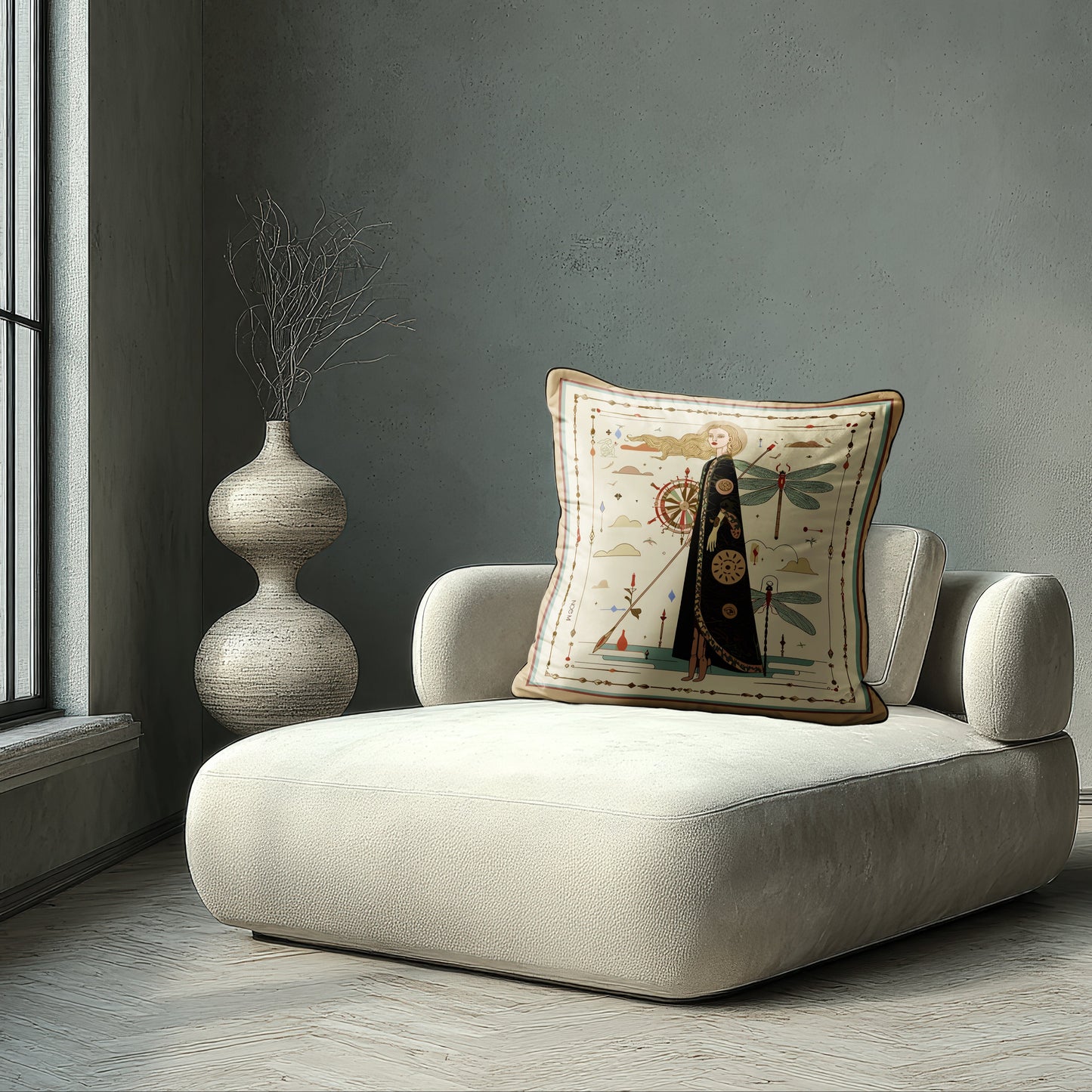 an art-inspired velvet shimmer square cushion that brings both comfort and visual storytelling to your space,  a statement luxurious pillow by NOE MI
