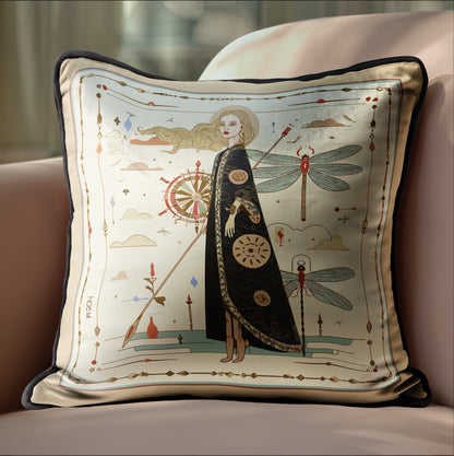 Decorative pillow with a woman in a long coat and dragonfly design on a beige background by NOE MI