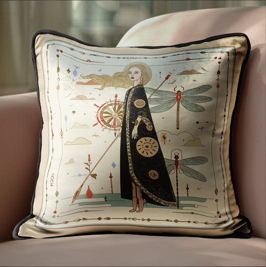 Decorative pillow with a woman in a long coat and dragonfly design on a beige background by NOE MI