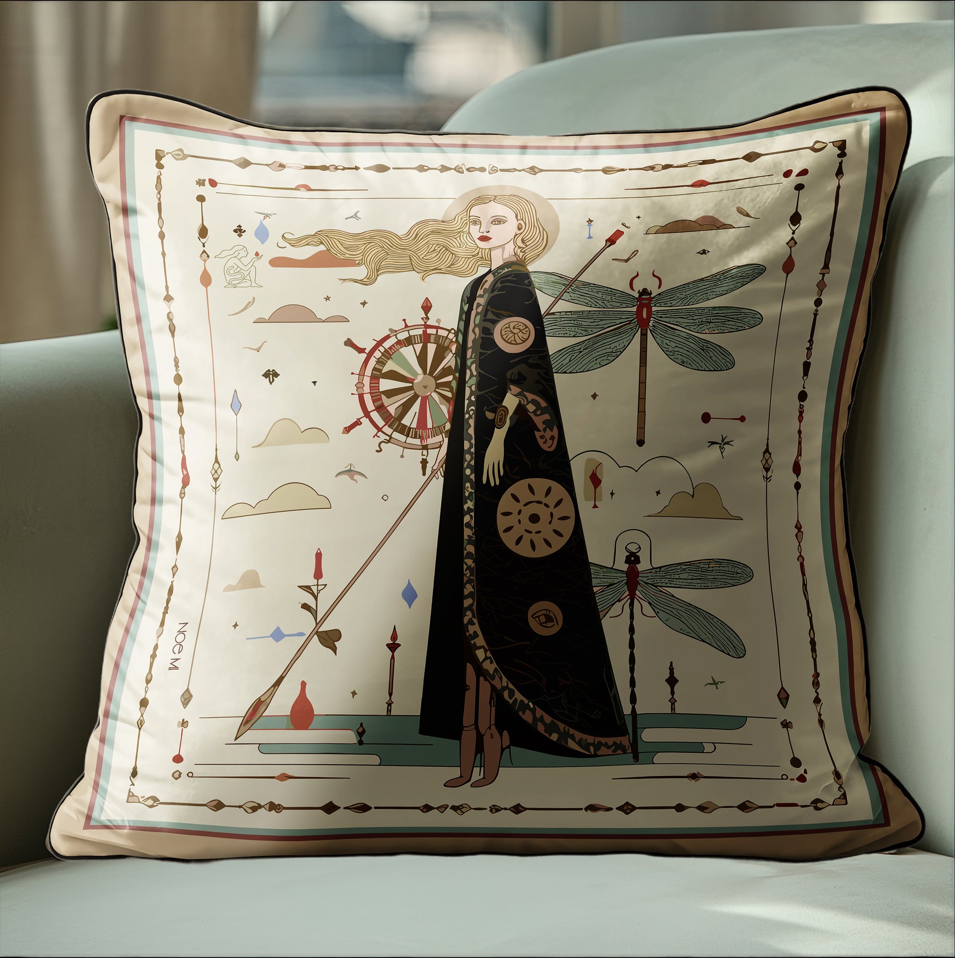 Decorative pillow with a woman in a long coat and dragonfly design on a beige background by NOE MI