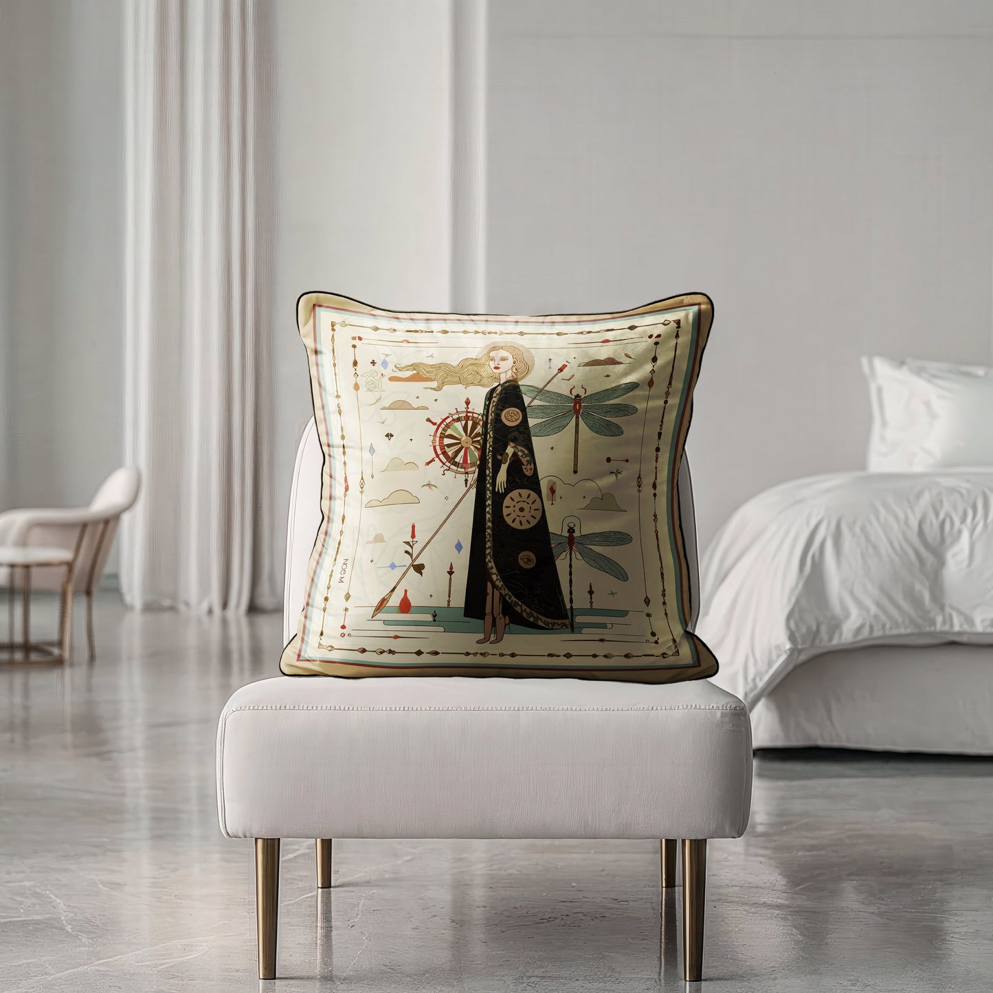 an art-inspired velvet shimmer square cushion that brings both comfort and visual storytelling to your space,  a statement luxurious pillow by NOE MI