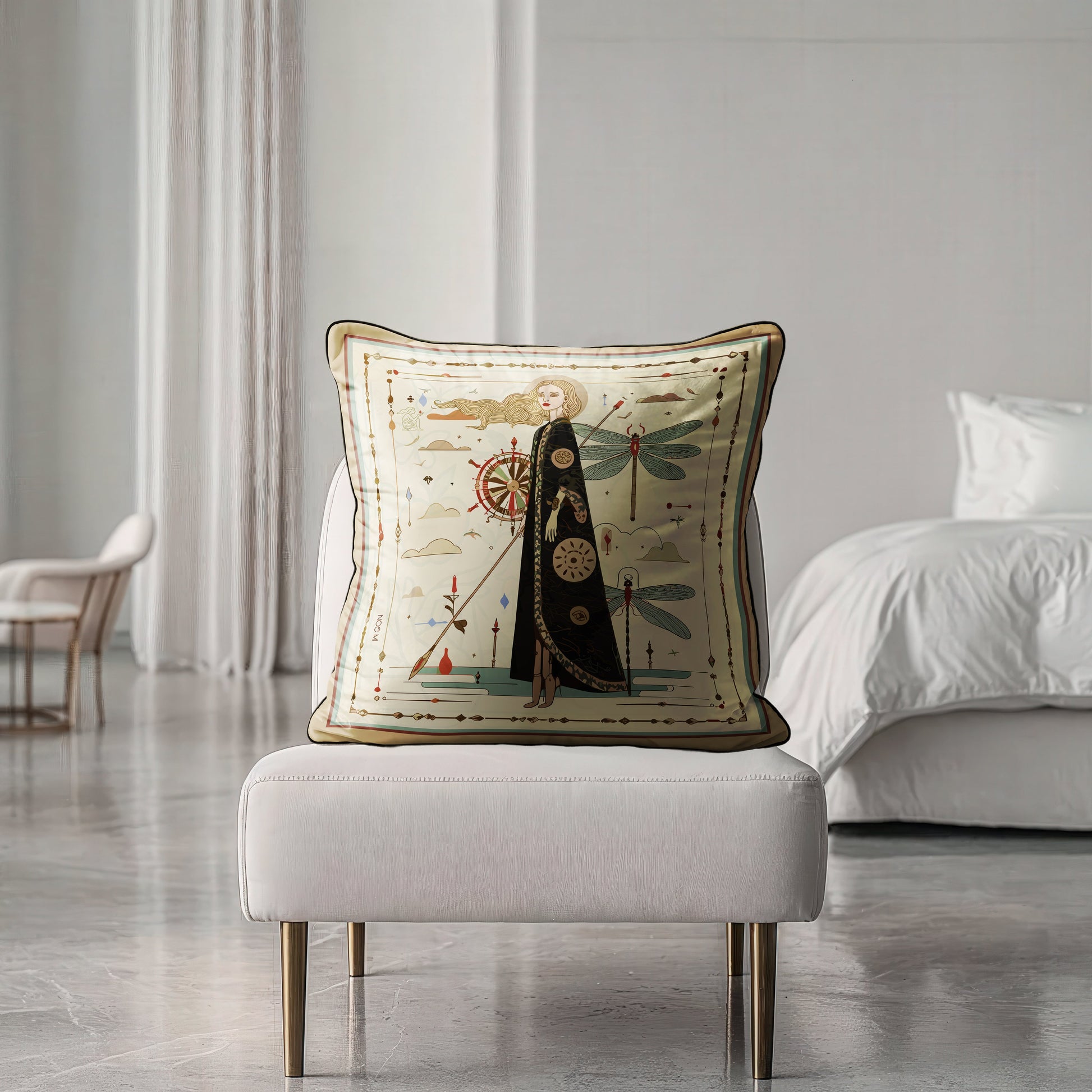 an art-inspired velvet shimmer square cushion that brings both comfort and visual storytelling to your space,  a statement luxurious pillow by NOE MI