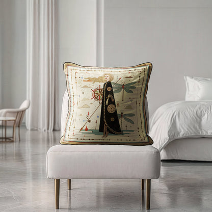 an art-inspired velvet shimmer square cushion that brings both comfort and visual storytelling to your space,  a statement luxurious pillow by NOE MI