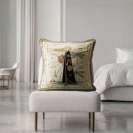 an art-inspired velvet shimmer square cushion that brings both comfort and visual storytelling to your space,  a statement luxurious pillow by NOE MI