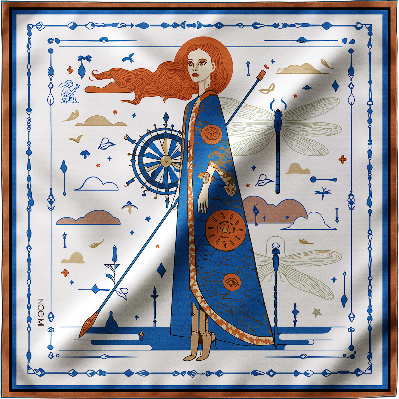 NOE MI The Navigator Azure designer silk scarf features a central feminine figure, symbolic navigation motifs, dragonflies, and a bright azure palette, creating a luxury women’s scarf that blends wearable art, modern fashion, and emotional storytelling.
