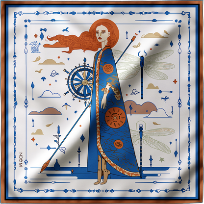 NOE MI The Navigator Azure designer silk scarf features a central feminine figure, symbolic navigation motifs, dragonflies, and a bright azure palette, creating a luxury women’s scarf that blends wearable art, modern fashion, and emotional storytelling.