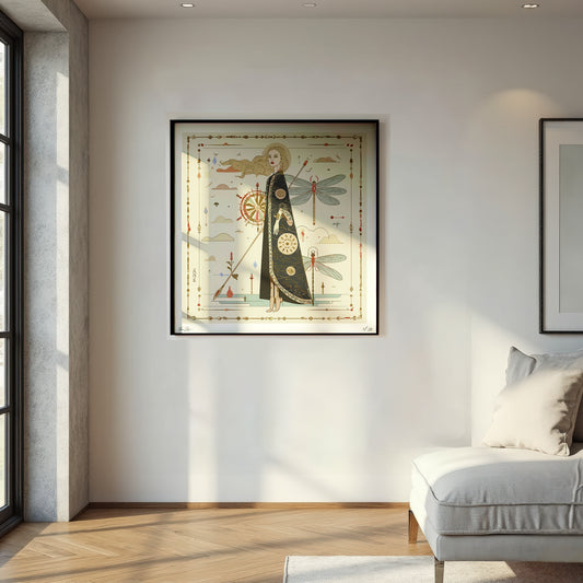Framed artwork by NOE MI on a wall in a modern living room with a sofa. limited edition print, wall art, art at home