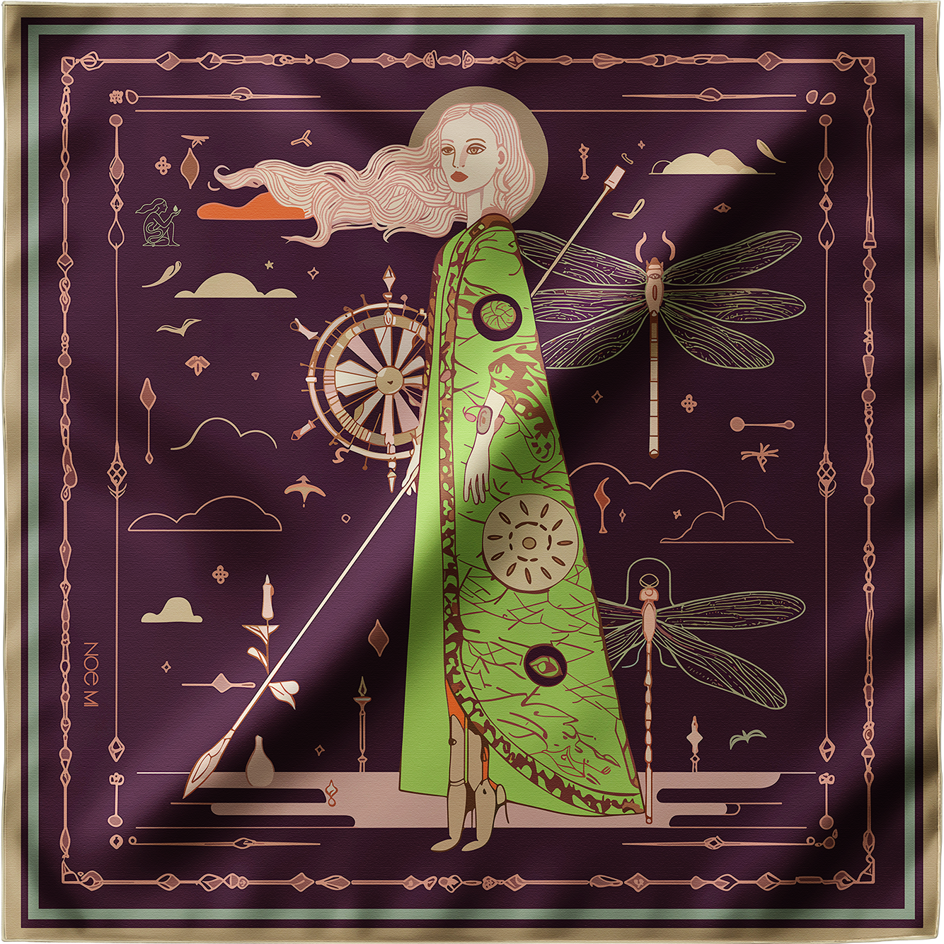 NOE MI The Navigator Amethyst silk scarf is a square silk scarf featuring a central feminine figure with dragonflies, a wheel, and symbolic elements in a rich amethyst palette.