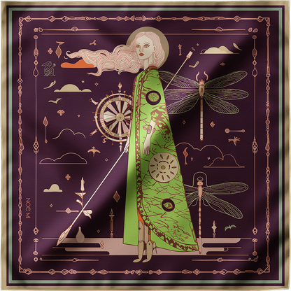 NOE MI The Navigator Amethyst silk scarf is a square silk scarf featuring a central feminine figure with dragonflies, a wheel, and symbolic elements in a rich amethyst palette.