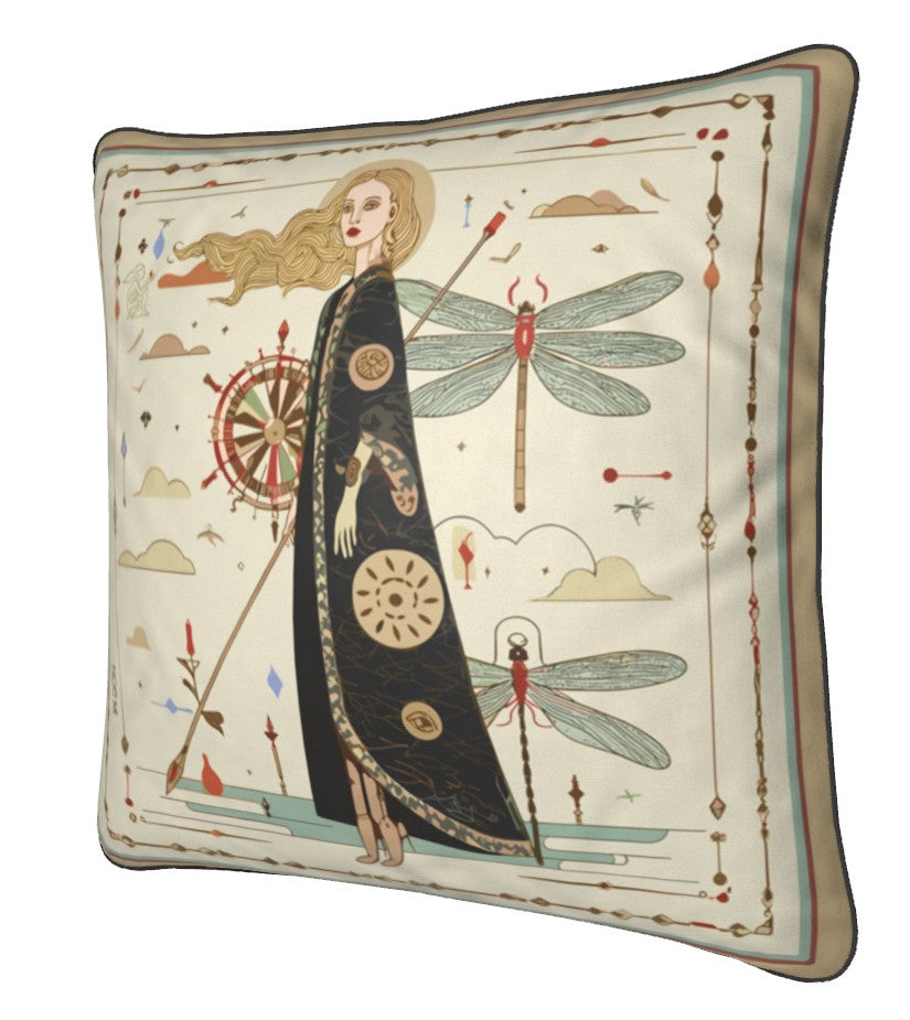 Decorative pillow with artistic design of a woman, dragonflies, and decorative elements on a beige background. designed by NOE MI