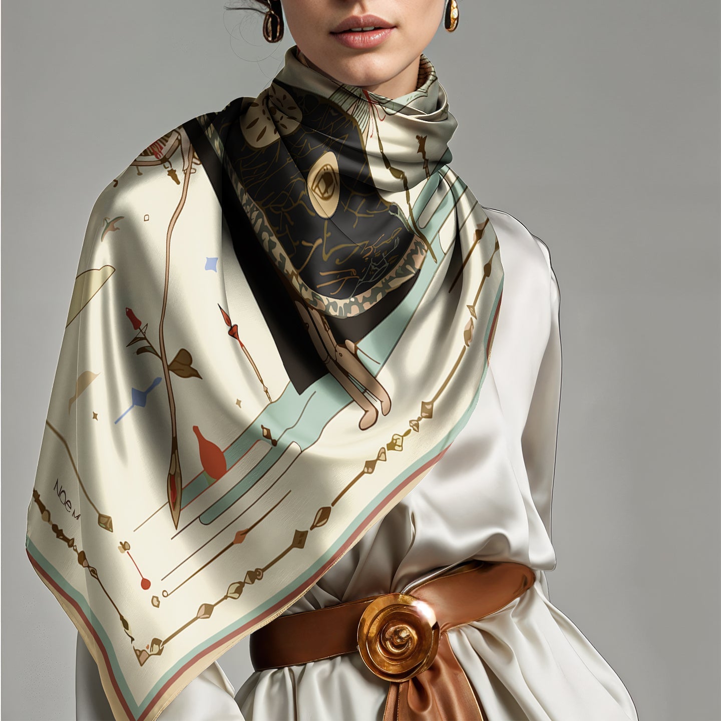 Woman wearing a decorative silk scarf with nature-themed artistic design by NOE MI