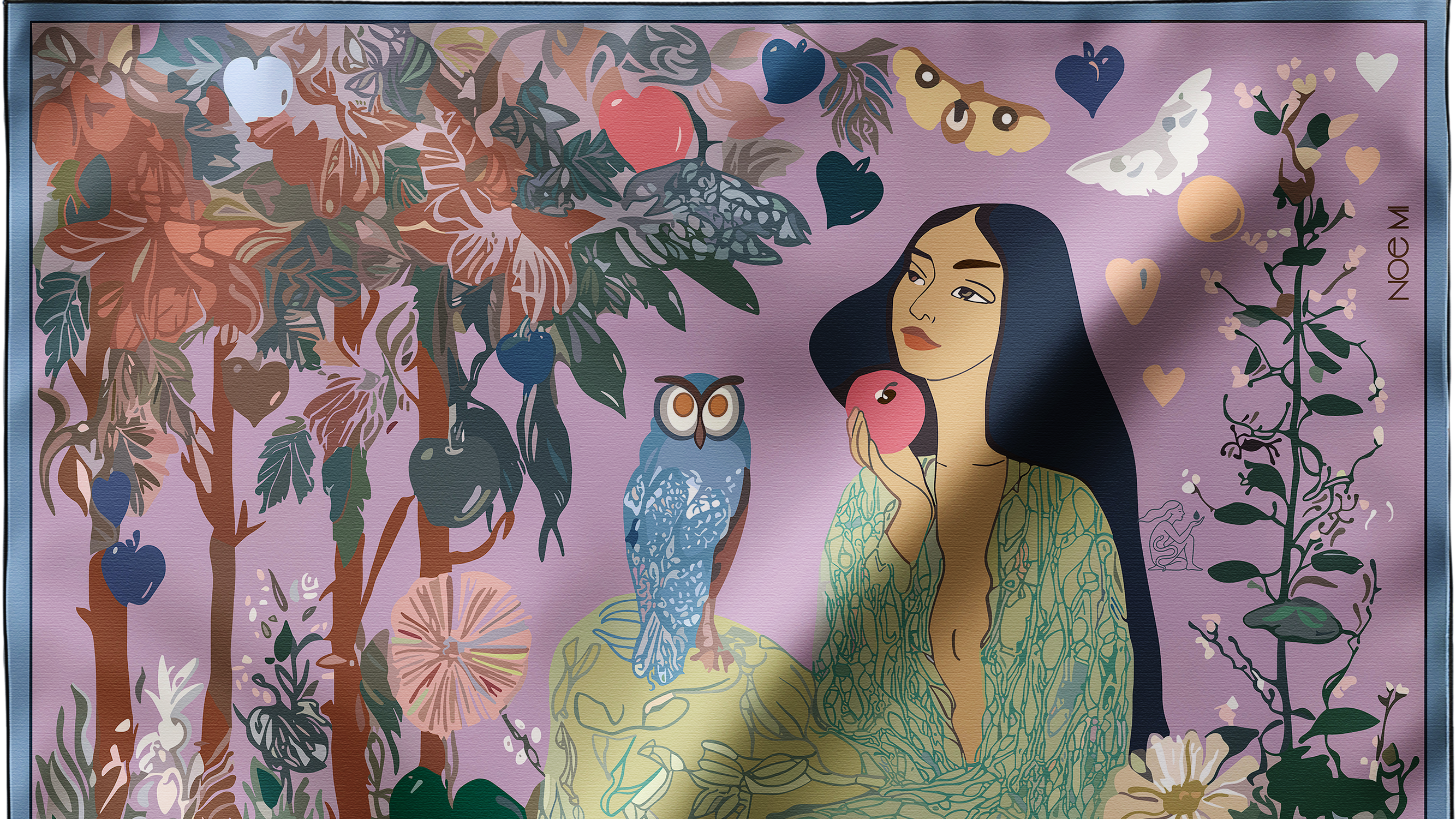 a noe mi silk scarf  - Artistic depiction of a woman surrounded by nature elements like flowers, trees, and an owl on a purple background.