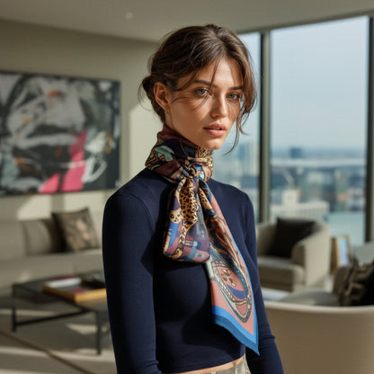 NOE MI statement silk scarf featuring dynamic female rider and celestial motifs, perfect for fashion lovers seeking artistic luxury accessories.