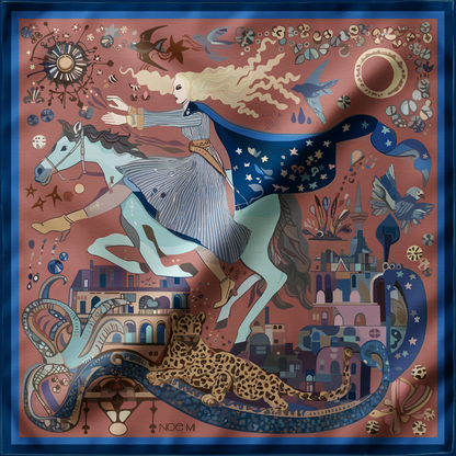NOE MI designer silk scarf The Blue Rider crafted in 100% silk with zodiac stars, leopard motif, urban skyline, and flowing blue cape for high fashion elegance.